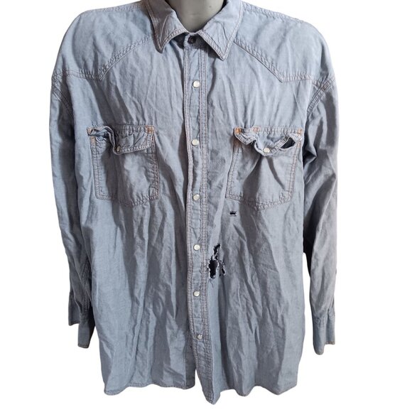Key Mens 2XL Western Shirt Denim Distressed Holes Fray Cowboy - Picture 2 of 5